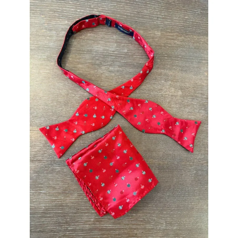 Hisdern Holiday ornament bow tie and pocket square set adjustable up to size 18